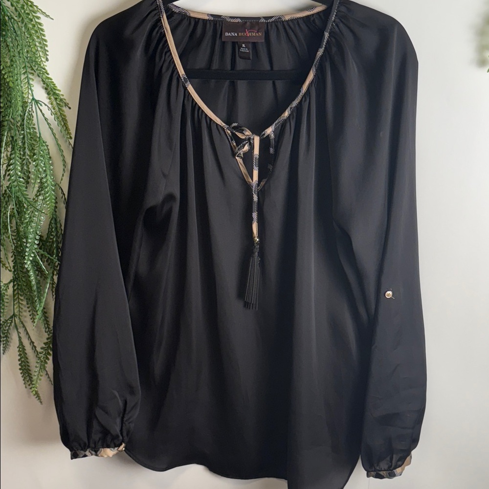 Dana Buchman Black and Tan Blouse with Tassel Accent
